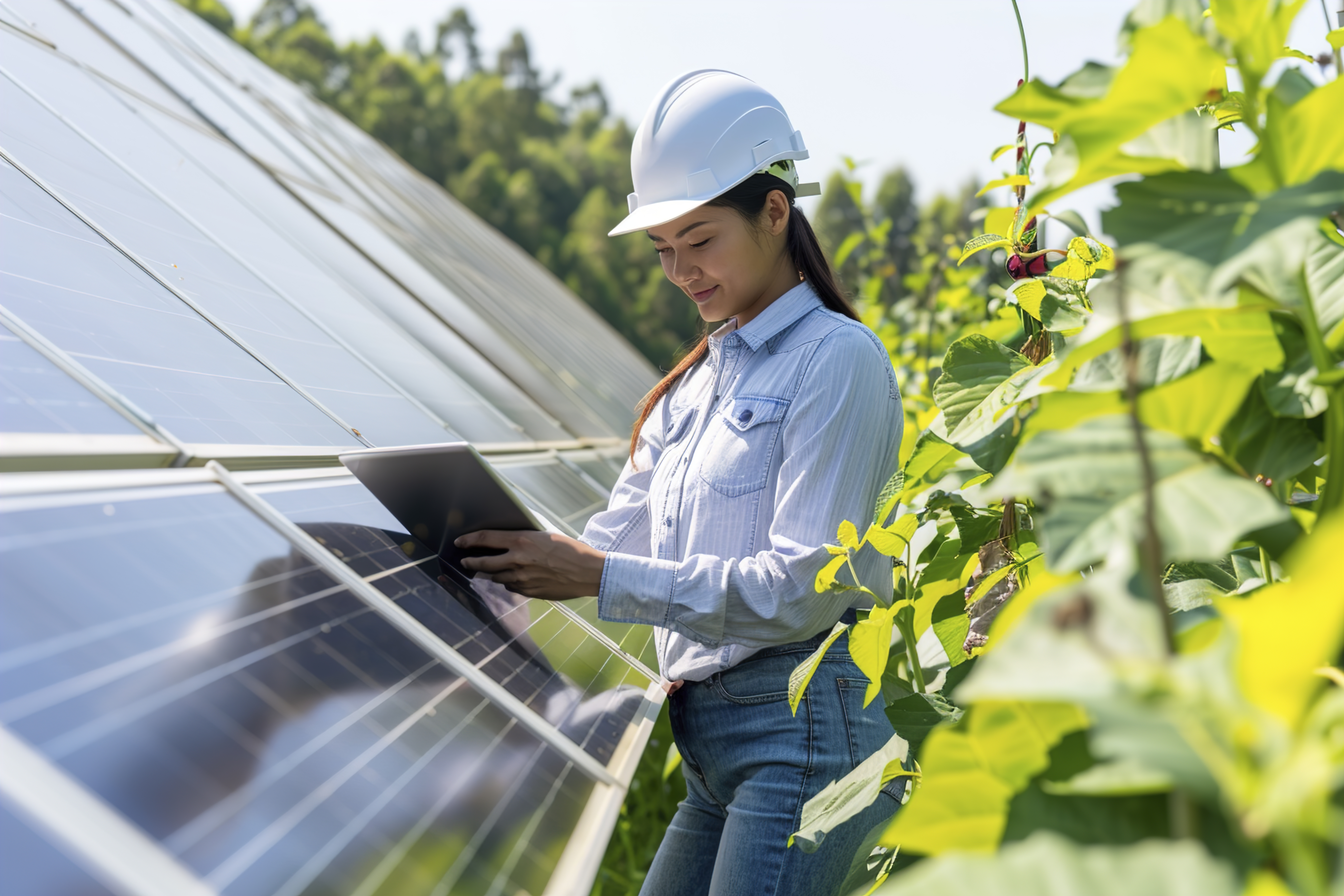 A women engineer working on checking equipment at green